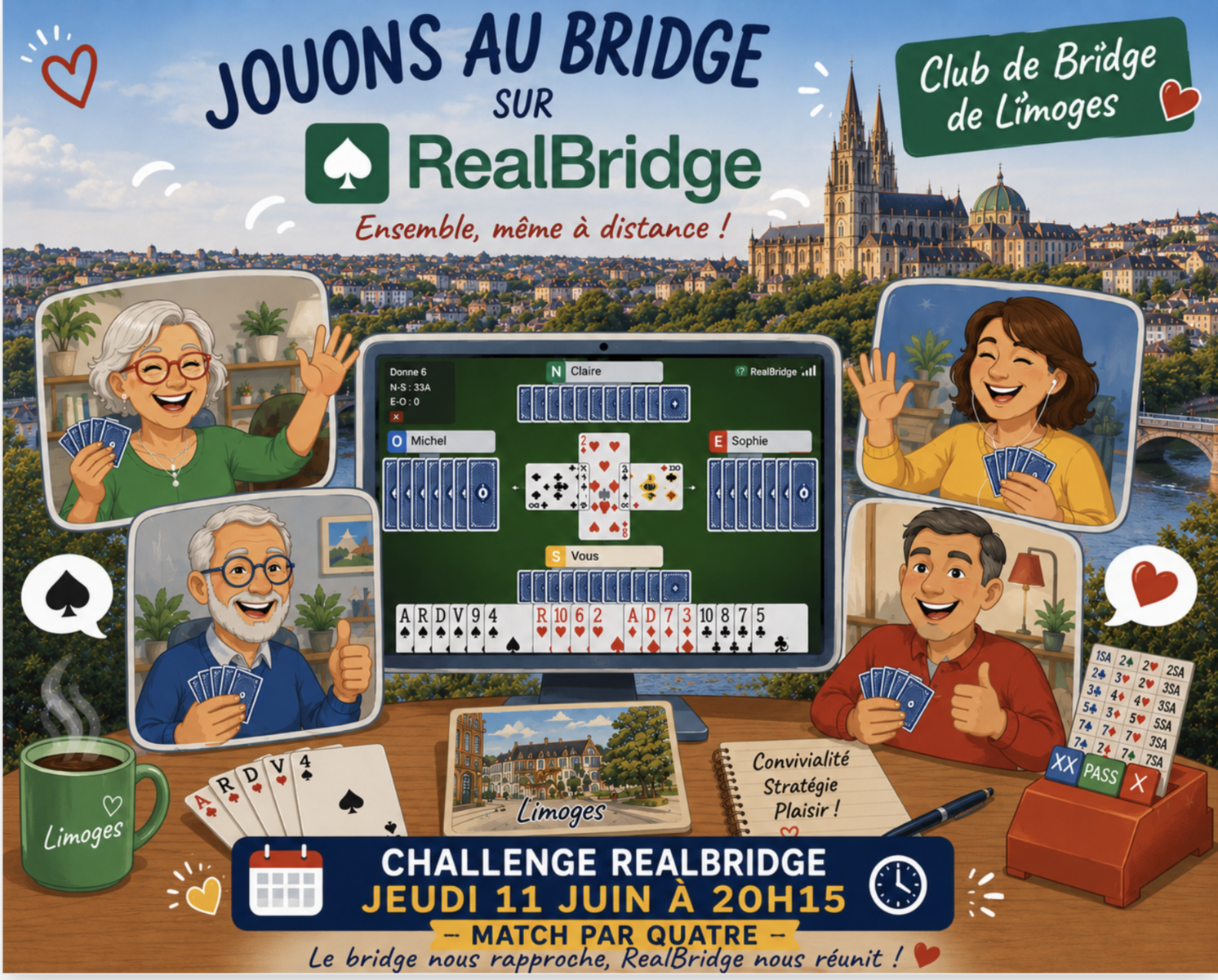 A vos agendas : Jeudi 11 Juin à 20H15, Les Bridge Club Limoges et Saint Estève-Argelès s'unissent pour vous faire jouer  jouer un  Match/4  sur Realbridge