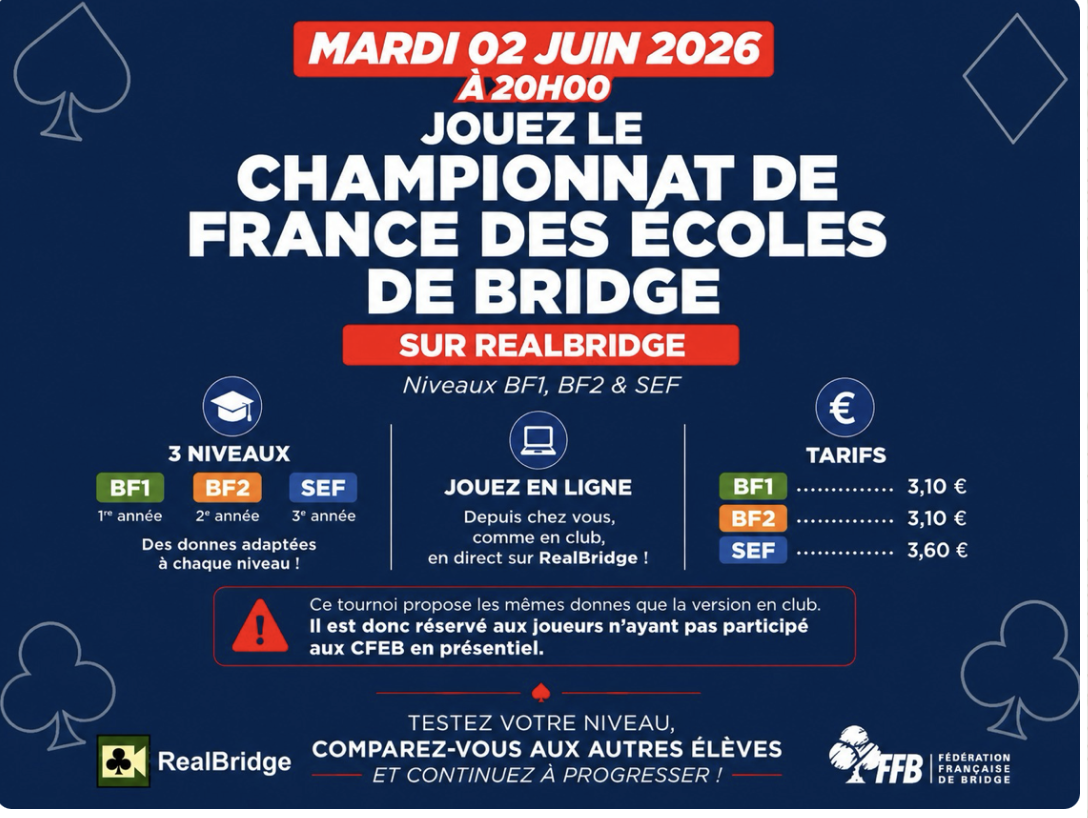 Championnat de France des Écoles de Bridge sur REALBRIDGE le Mardi 2 Juin à 20 Heures