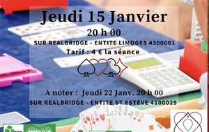 Les Bridge Club Limoges et Saint Estève-Argelès s'unissent pour vous permettre de partager le plaisir de jouer des Matchs/4 tous les jeudis à 20H sur Realbridge