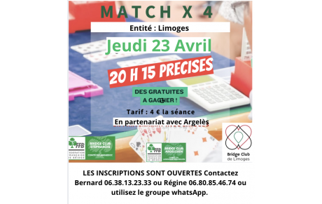 Les Bridge Club Limoges et Saint Estève-Argelès s'unissent pour vous permettre de partager le plaisir de jouer des Matchs/4 tous les jeudis à 20H sur Realbridge