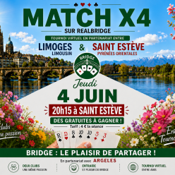 A vos agendas : Jeudi 04 Juin à 20H15, Sous l'entité du Club de  Saint Estève, Les Bridge Club Limoges et Argelès s'unissent pour vous faire jouer  jouer un  Match/4  sur Realbridge.